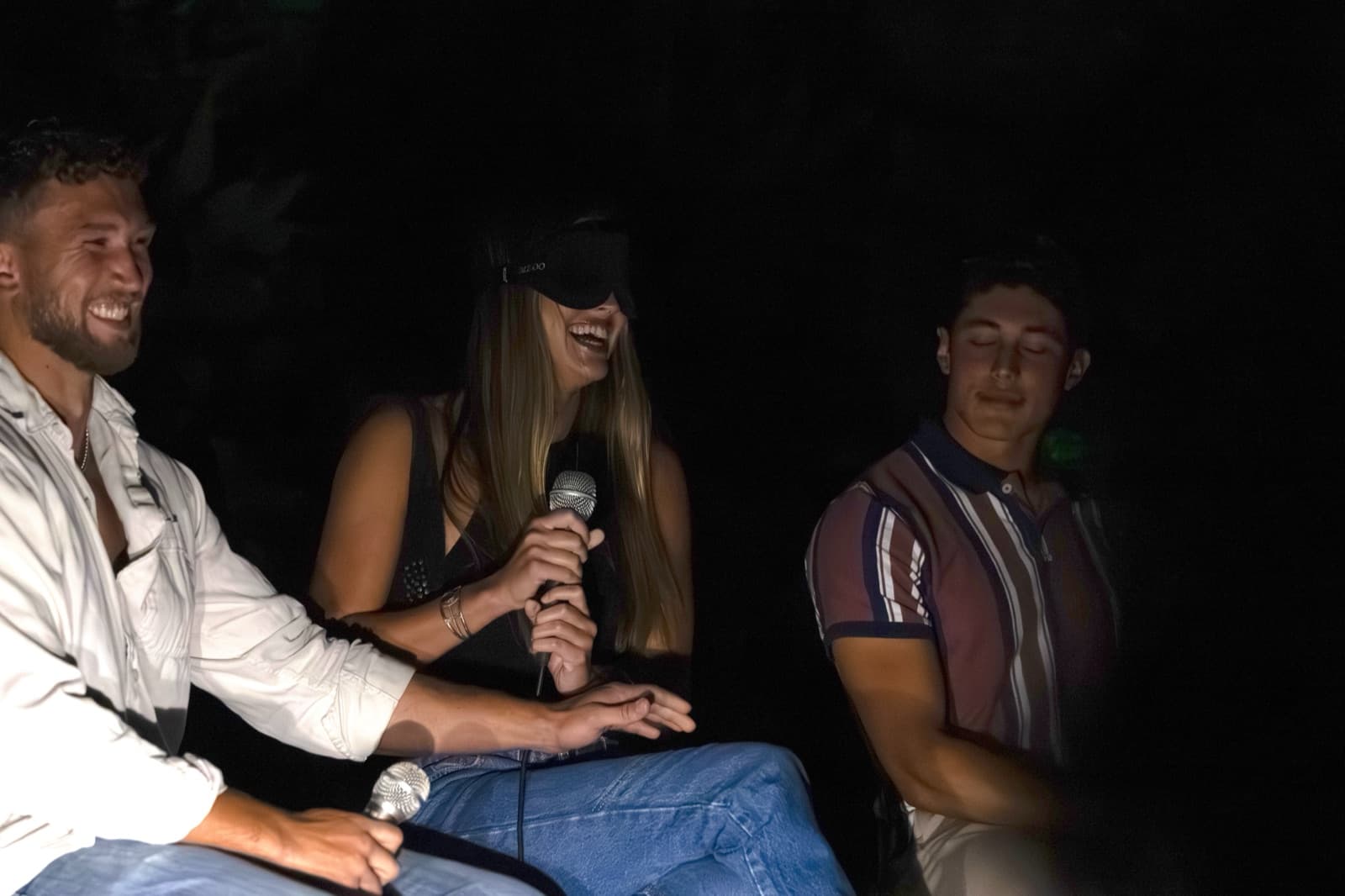 SDSU blind dating show: Cameron lands a joke. Eris laughs, Camilo watches.