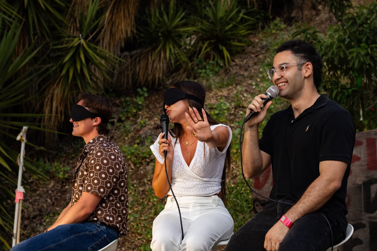 SDSU blind dating show: On stage with Alex and Ynessa, mid round.