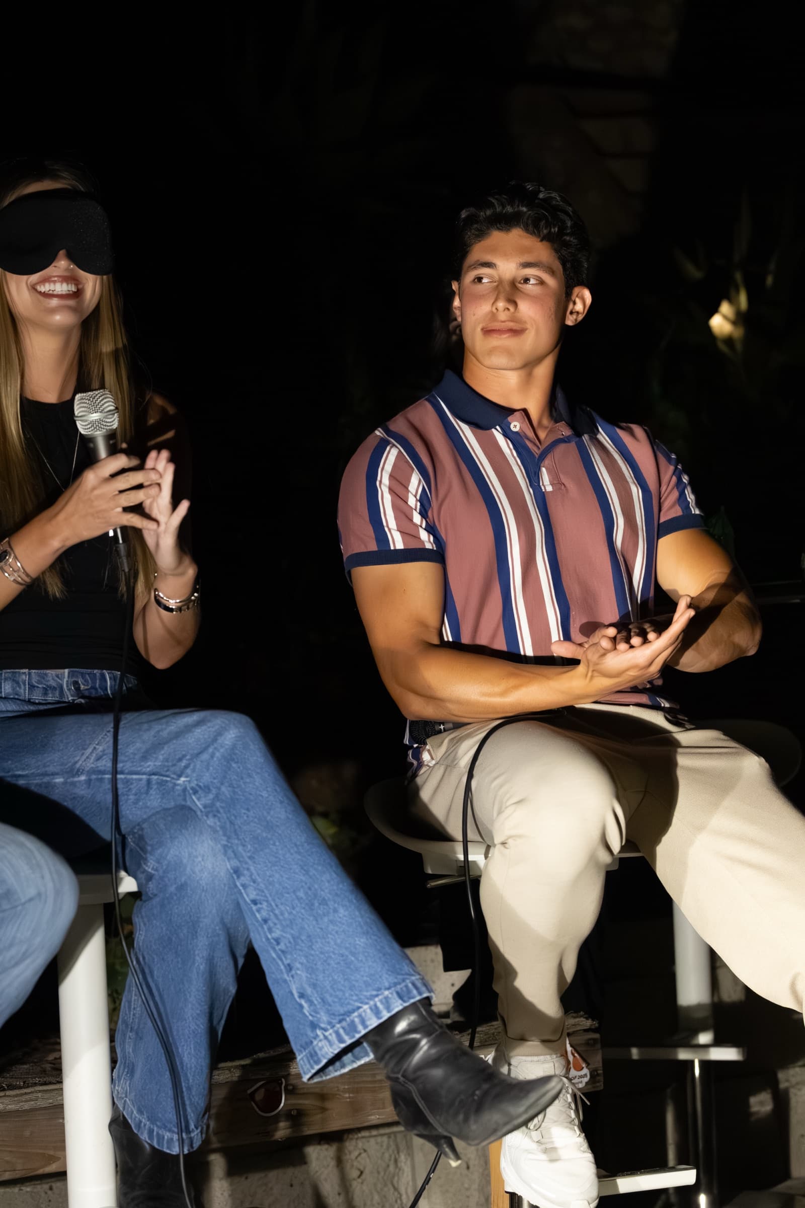 SDSU blind dating show: Blindfold on. Camilo two feet away, she has no idea.
