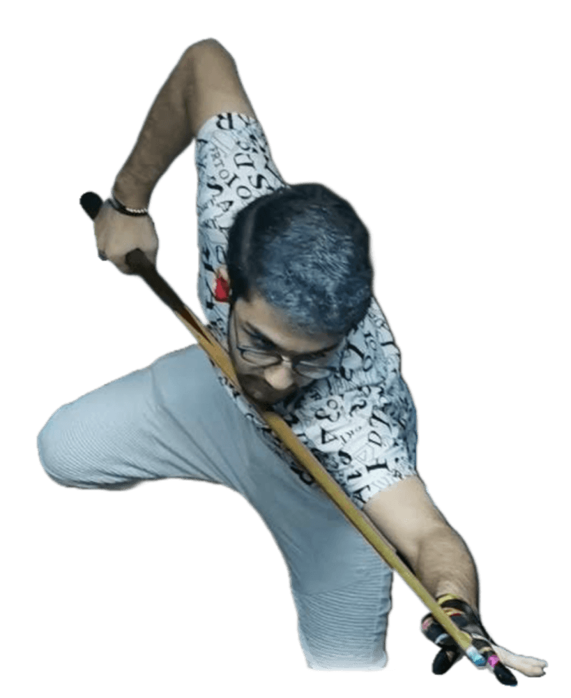 Mohammad lining up a behind-the-back billiards trick shot